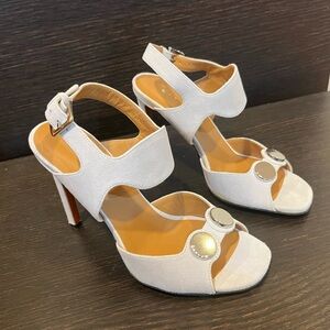 Carven White Strappy Heels with Silver Accents